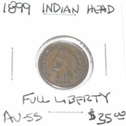 1899 INDIAN HEAD PENNY RED BOOK VALUE IS $35.00 *RARE FULL LIBERTY AU-55 HIGH GRADE*!!