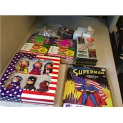 MIXED LOT INCLUDING SUPERMAN TIN SIGN, PLASTIC