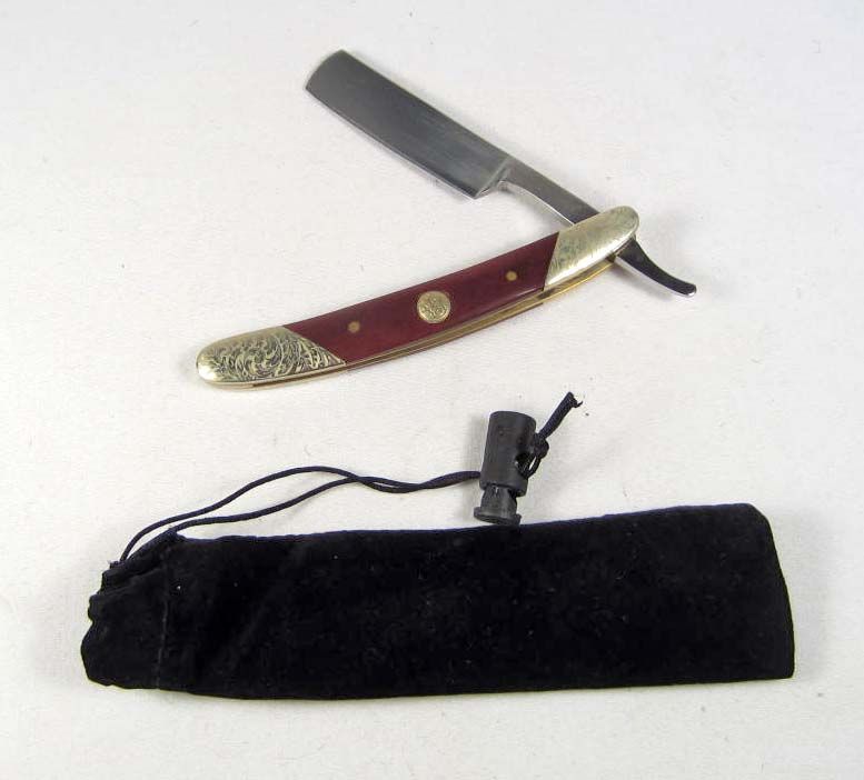 2620 SMITH & WESSON SMALL STRAIGHT RAZOR KNIFE W/ BROWN WOOD HANDLE