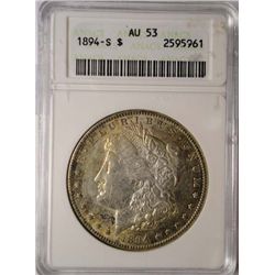 1894-S MORGAN DOLLAR ANACS AU-53 NICE TONING- VERY LITTLE WEAR