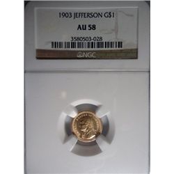 1903 $1.00 GOLD JEFFERSON LA. PURCHASE NGC AU58 LOOKS MS63! NICE COIN