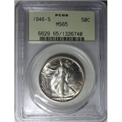 1946-S WALKING LIBERTY HALF DOLLAR PCGS MS65 GEM GREEN LABEL EST. $155-$170