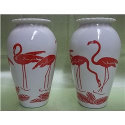 Pair Vintage Anchor Hocking Flamingo Vitrock Vases