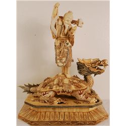 Large Hand Carved Bone Fisherman on Tortoise 26"Tall