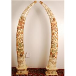 Pair of Hand Carved Bone Tusks 63" Tall