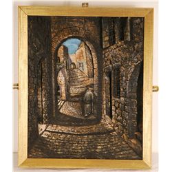 Framed Oil on Sculpted Composition of Holy Street in Jerusalem by Manobla (1930-1979)