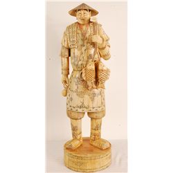 Hand Carved Asian Bone Fisherman 30"Tall