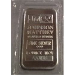 1 OZ .999 PURE SILVER JOHNSON MATTHEY BAR
