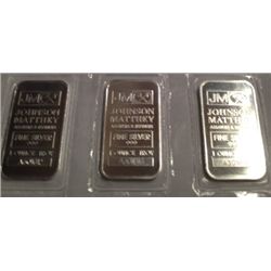 3 ONE OZ .999 PURE SILVER JOHNSON MATTHEY BARS