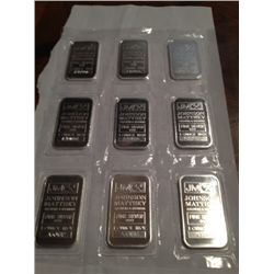9 ONE OZ .999 PURE SILVER JOHNSON MATTHEY BARS