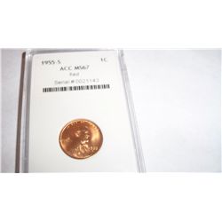 1955-S Lincoln Cent, Graded MS-67 Red, ACC