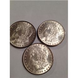THREE 1888 BU MORGAN SILVER DOLLARS, MS