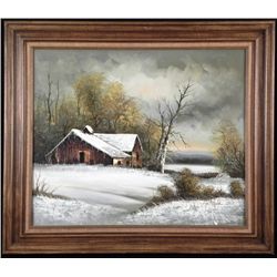 R. Stephen Original Canvas Painting Framed Winter Scene