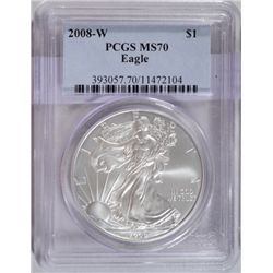 2008W burnished US silver Eagle  PCGS70  est $80-$90