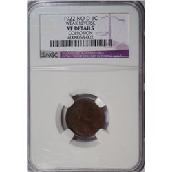 1922 no D weak reverse Lincoln penny  NGCVF corrosion