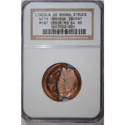 Lincoln cent broad struck with obv indent mint error  NGC64RD