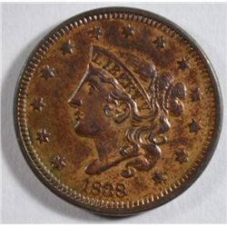 1838 Large Cent Ch Brown Unc 60+ Well struck attractive
