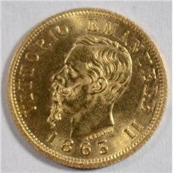 1863 Italian Gold BN 10 Lire Gold Very Ch BU