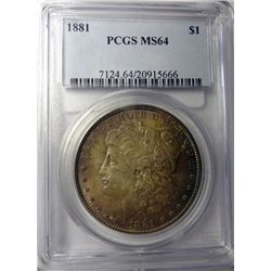 1881 MORGAN SILVER DOLLAR PCGS MS64, AMAZING COLOR! EST. $155-$170