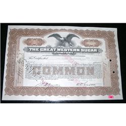 1927 EXTREMELY RARE 50 SHARES STOCK CERTIFICATE *THE GREAT WESTERN SUGAR COMPANY - NICE CERTIFICATE!