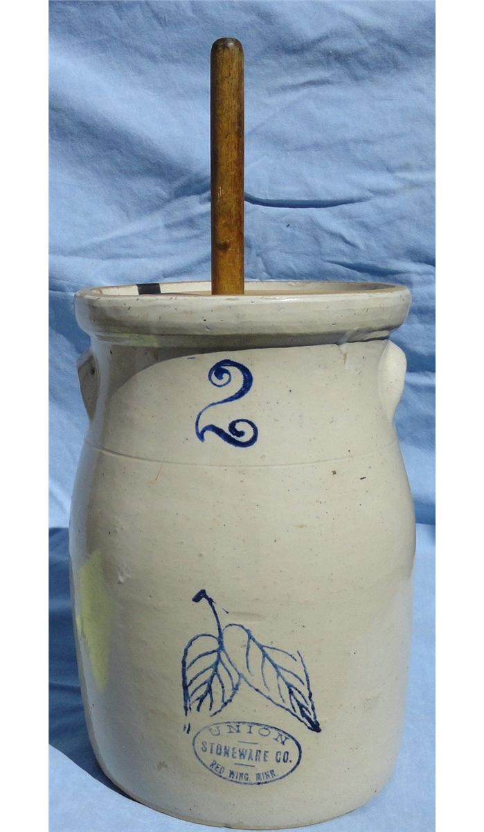 2 Union Stoneware butter churn w/ dasher, few chips on lid