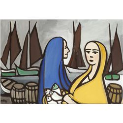 Markey Robinson (1918-1999) - GALWAY FISHERWOMEN BY THE SHORE WITH SAILBOATS BEYOND