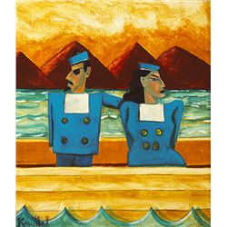 Graham Knuttel (b.1954) - SAILORS AGAINST A MOUNTAINOUS LANDSCAPE