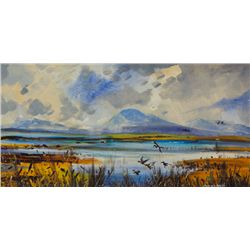 Kenneth Webb RWA FRSA RUA (b.1927) - FLIGHT OF WILD DUCKS OVER A MARSH, DONEGAL