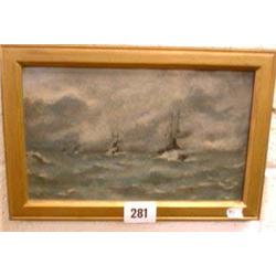 Oil on board of battleships in line astern, u...