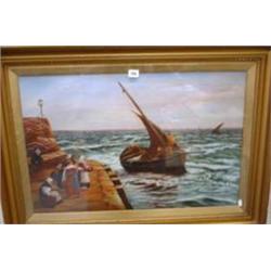 Pair of large oils on canvas of fishing boats...