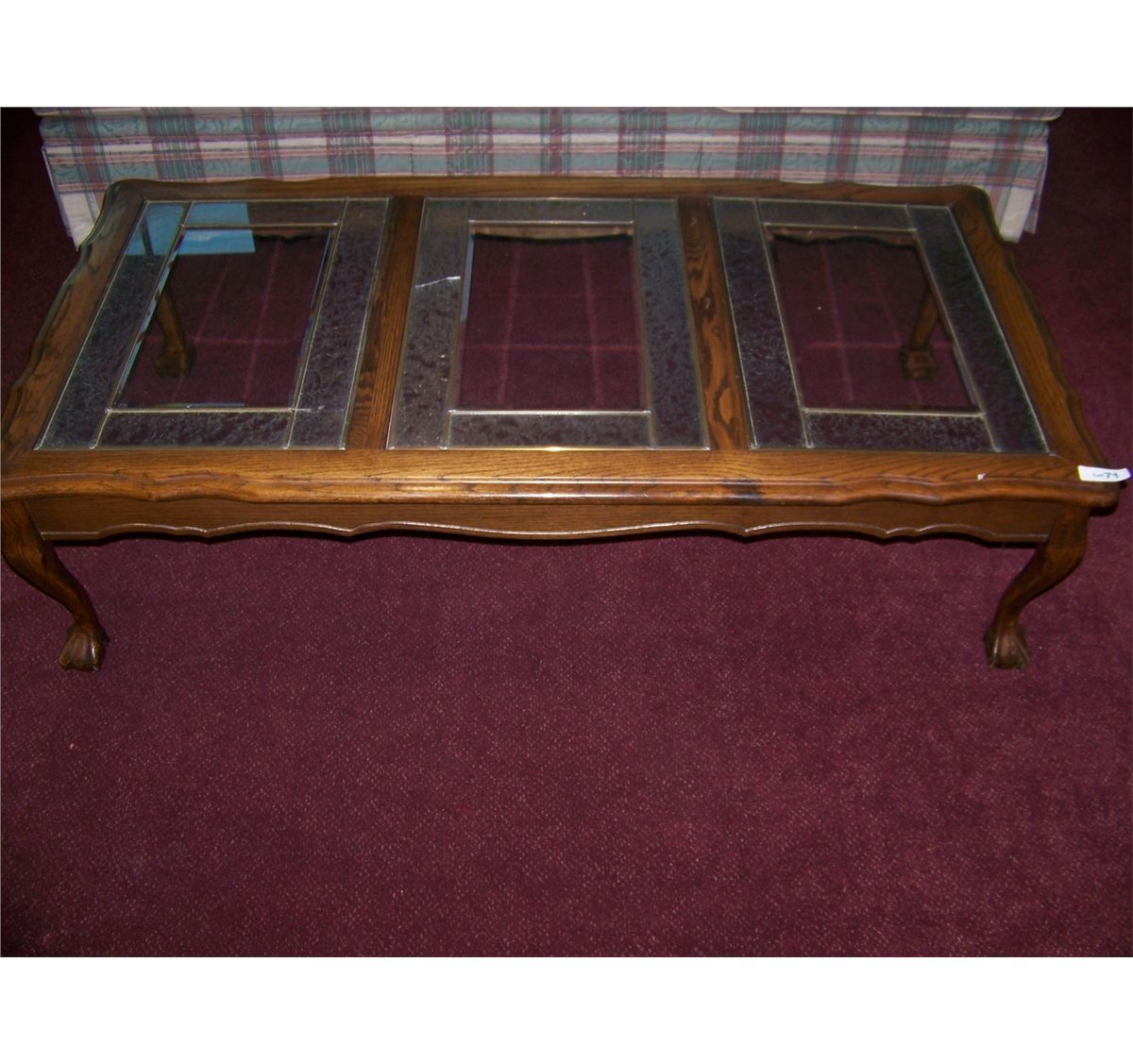 VINTAGE OAK & GLASS TOP COFFEE TABLE w/ BALL & CLAW FEET