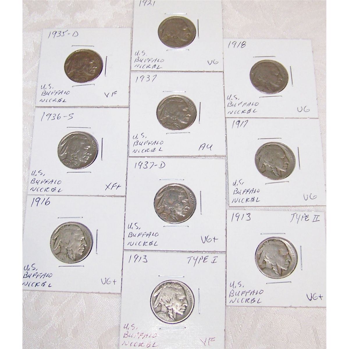 (10X$) U.S. BUFFALO NICKELS. EARLY KEY DATES, VG-AU CONDITION, 1913-1937