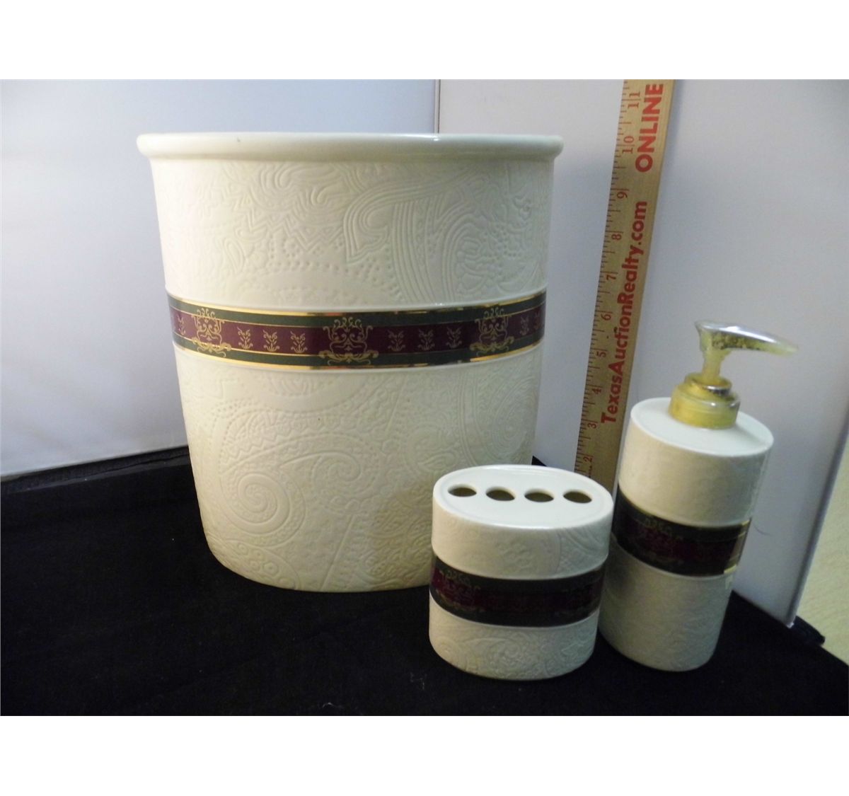 "Croscill" Porcelain bath soap dispenser, tooth brush holder and trash can
