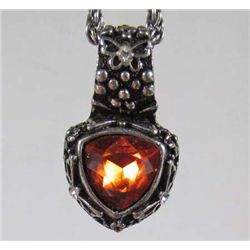 4187 - ANTIQUED SILVER PENDANT W/CHAIN AND ORANGE-RED CRYSTAL STONE