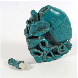 8481 - TIBETAN BLUE JADE CARVED FISH SNUFF BOTTLE