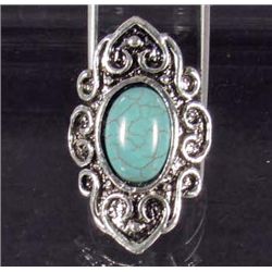 2390 - TIBETAN SILVER FILIGREE RING W/OVAL TURQUOISE COLOR STONE - ADJUSTABLE