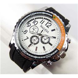 7072 - MEN'S SILVER TONE QUARTZ WATCH W/ BLACK SILICONE BAND -  FACE 1.75" DIA.