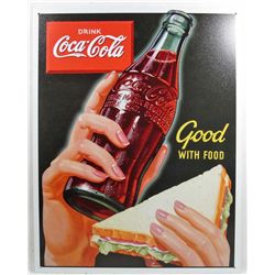 8686 - COCA COLA GOOD WITH FOOD METAL SIGN APPROX. 12 "1/2 x 16