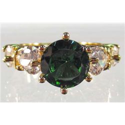 6951 - YELLOW GOLD PLATE RING W/ EMERALD & WHITE TOPAZ - SZ 6 - 19.6 CTW