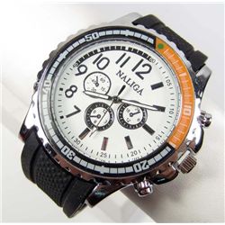 7069 - MEN'S SILVER TONE QUARTZ WATCH W/ BLACK SILICONE BAND -  FACE 1.75" DIA.