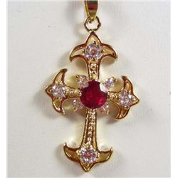 9262 - YELLOW GOLD PLATE GARNET & WHITE TOPAZ PENDANT W/ CHAIN