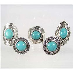 504 - LOT OF 5 TIBETAN SILVER TURQUOISE COLORED STONE RINGS