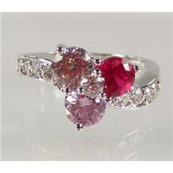 941 - WHITE GOLD PLATED RUBY, PINK SAPPHIRE, TANZANITE & WHITE TOPAZ RING
