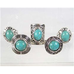 505 - LOT OF 5 TIBETAN SILVER TURQUOISE COLORED STONE RINGS