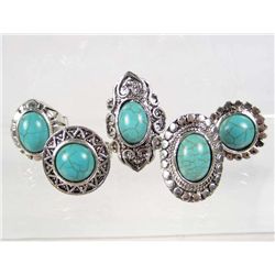 506 - LOT OF 5 TIBETAN SILVER TURQUOISE COLORED STONE RINGS