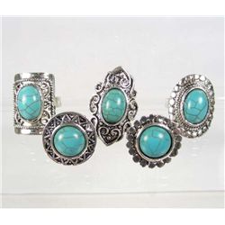 509 - LOT OF 5 TIBETAN SILVER TURQUOISE COLORED STONE RINGS