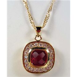 991 - GOLD PLATED RUBY & WHITE TOPAZ PENDANT W/ CHAIN