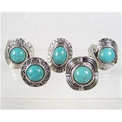 510 - LOT OF 5 TIBETAN SILVER TURQUOISE COLORED STONE RINGS