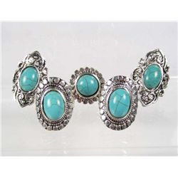 513 - LOT OF 5 TIBETAN SILVER TURQUOISE COLORED STONE RINGS