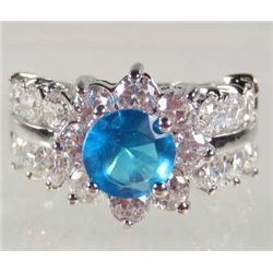 947 - WHITE GOLD PLATED AQUAMARINE & WHITE TOPAZ RING